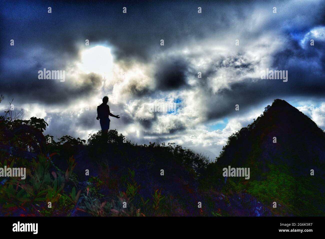 Parlando con gli dei della foresta sulla via del ritorno dalla pericolosa escursione a tre pichi, Olomana, Oahu Foto Stock