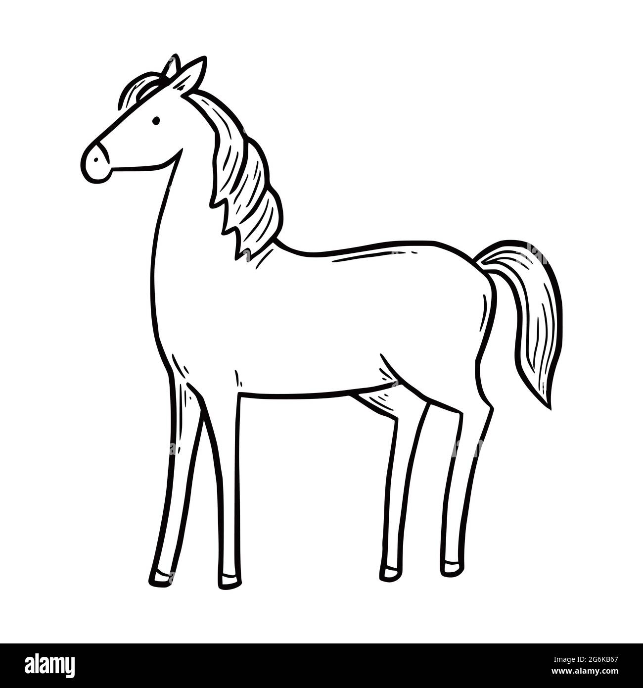 Cavallo di fattoria tirato a mano. Stile di schizzo Doodle. Icona a cavallo della linea di disegno. Illustrazione vettoriale isolata. Illustrazione Vettoriale