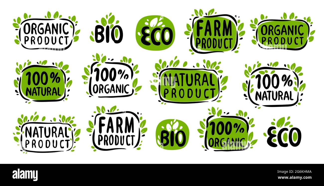 Naturale, biologico simbolo di cibo. Set di adesivi, etichette, etichette. Icona Eco, bio con foglie Illustrazione Vettoriale
