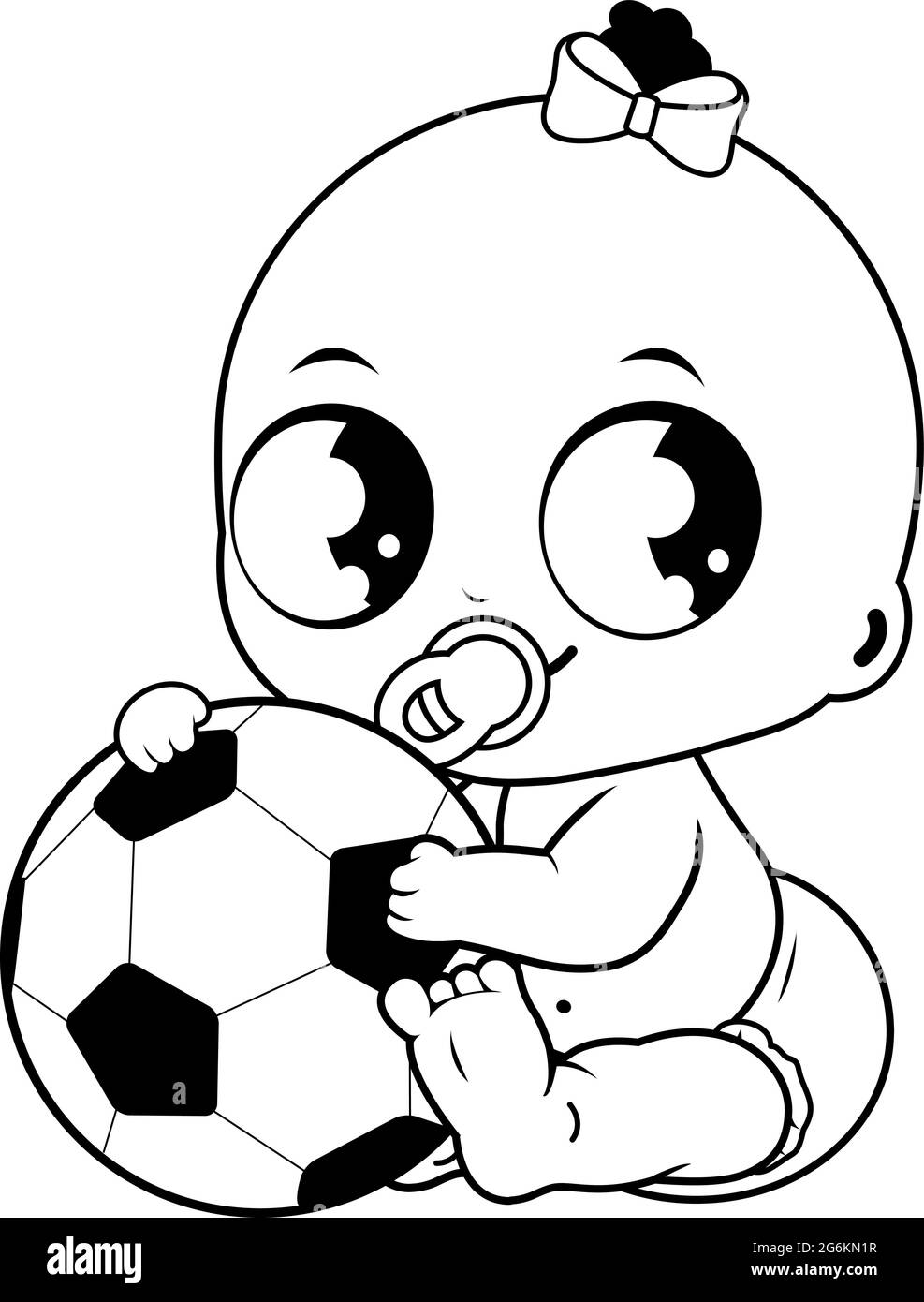 Bambina che gioca con una palla di calcio. Pagina vettoriale in bianco e nero Illustrazione Vettoriale