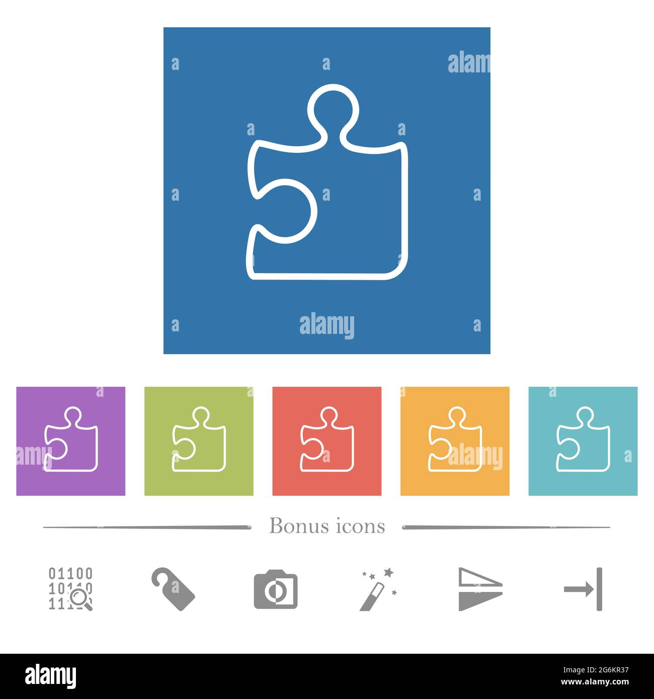 Singolo pezzo di puzzle delineare le icone bianche piatte in sfondi quadrati. 6 icone bonus incluse. Illustrazione Vettoriale