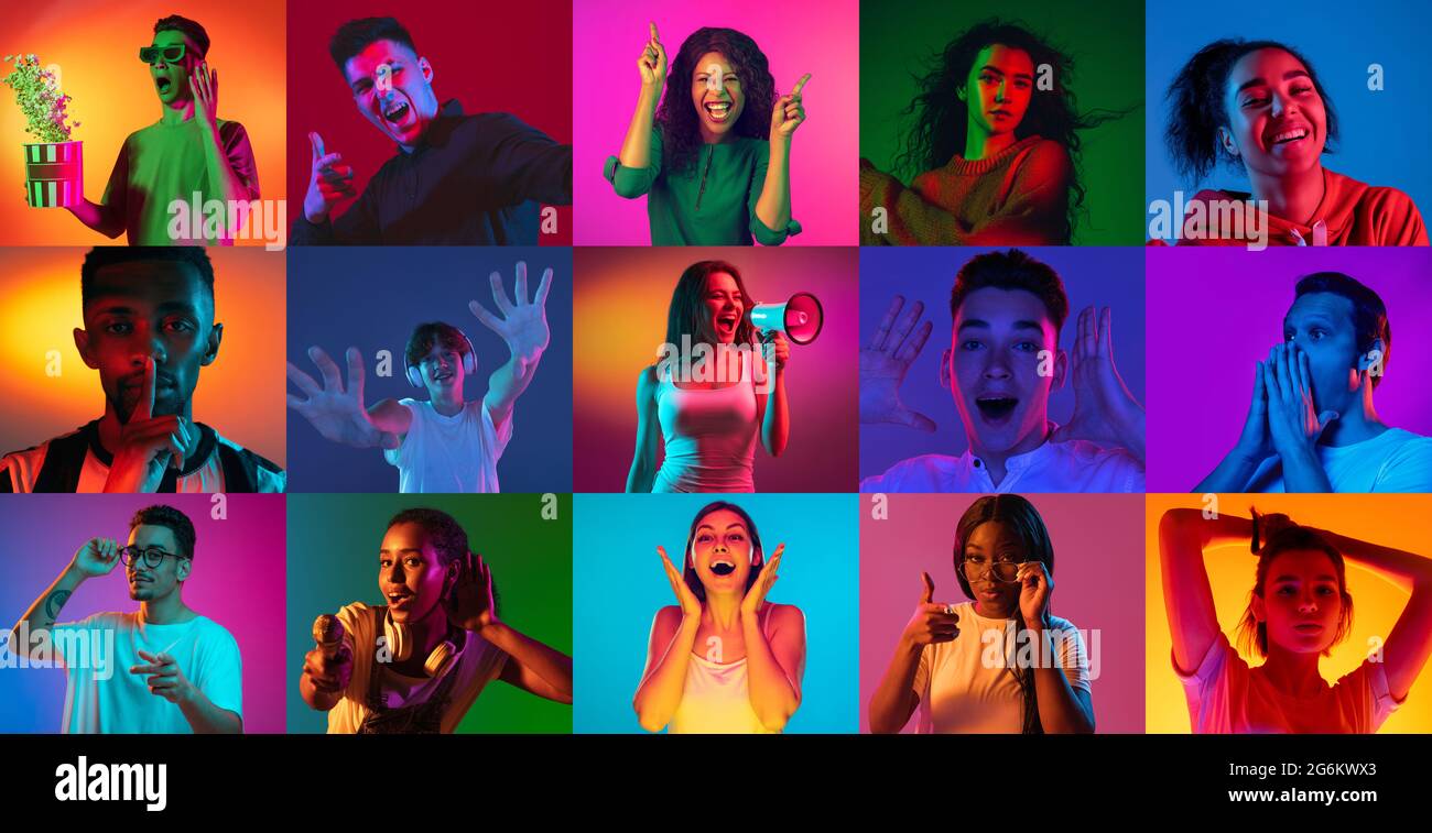 Collage di giovani felici e gioiosi, isolati su sfondo multicolore con luce al neon. Immagine composita Foto Stock
