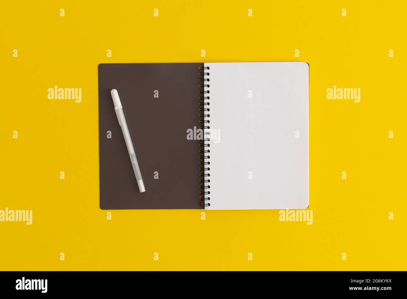 Notebook e penna su sfondo giallo. Vista dall'alto. Disposizione piatta. Torna a scuola Concept.notebook e penna su sfondo giallo. Vista dall'alto. Disposizione piatta. Torna a s Foto Stock