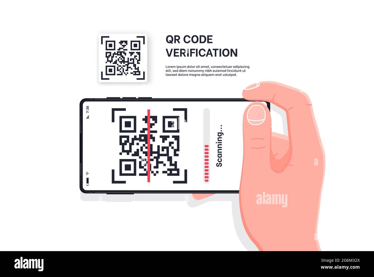 Scansione del codice QR con smartphone mobile. Isolato su sfondo bianco. Pagamento con codice QR, portafoglio elettronico, concetto di tecnologia senza contanti. Acquisire il codice QR in mo Illustrazione Vettoriale