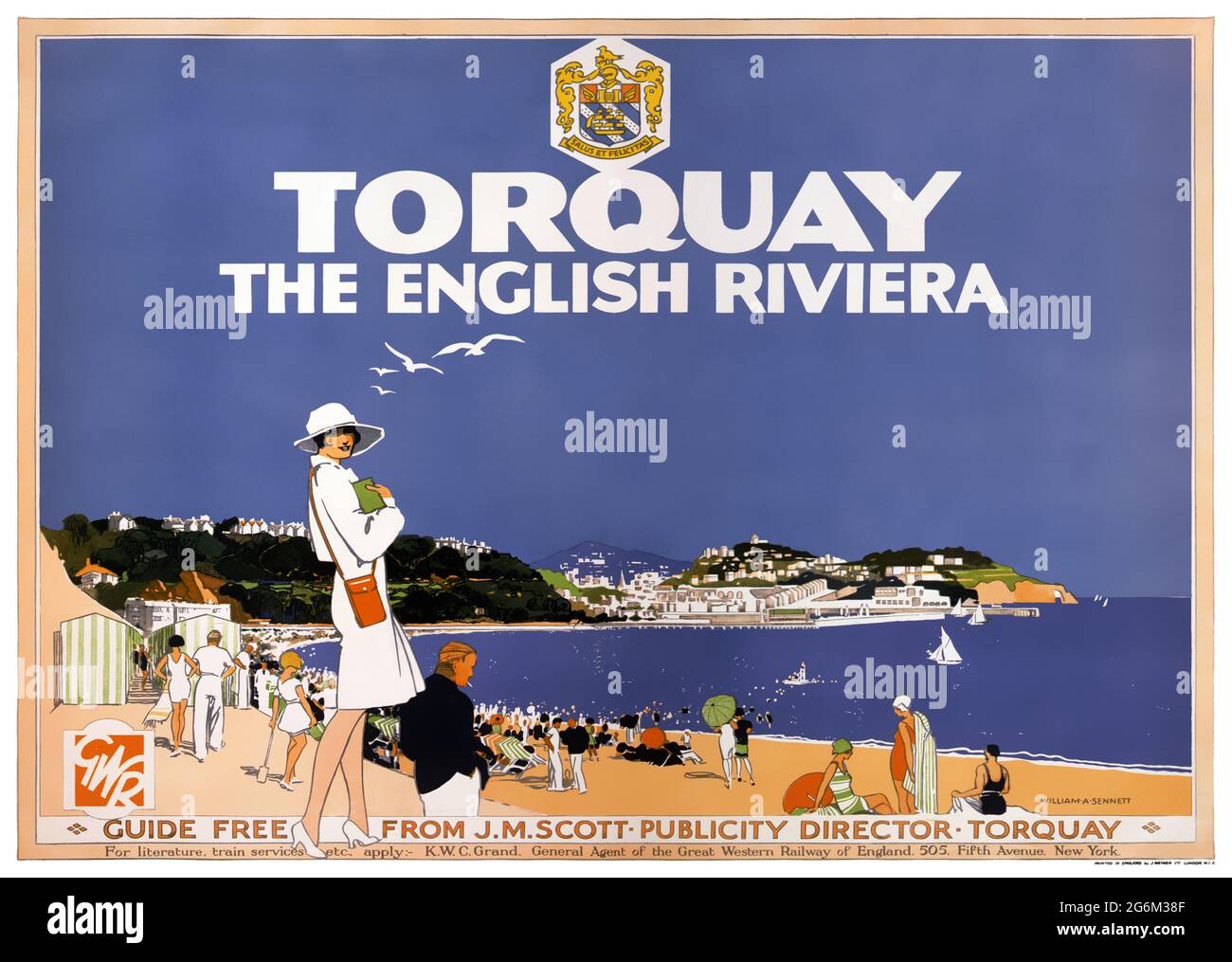 Torquay. La Riviera Inglese di William A. Sennett (date sconosciute). Poster vintage restaurato pubblicato nel 1920 nel Regno Unito. Foto Stock