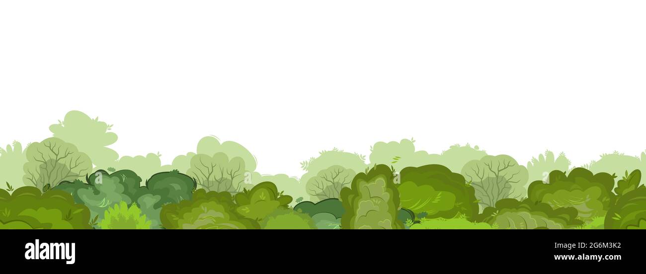Fitti spessi di cespugli e cime di alberi di foresta. Senza interruzioni. Paesaggio verde estivo con vegetazione lussureggiante. Gli alberi possono essere visti in lontananza. Senza interruzioni Illustrazione Vettoriale