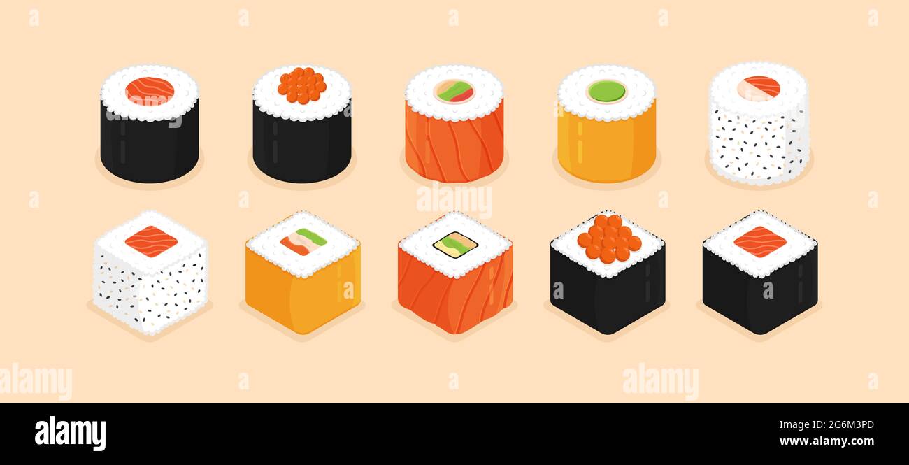 Set sushi roll. Icone isometriche di sushi su sfondo albicocca. Cucina tradizionale giapponese. Illustrazione vettoriale di stile piatto. Illustrazione Vettoriale