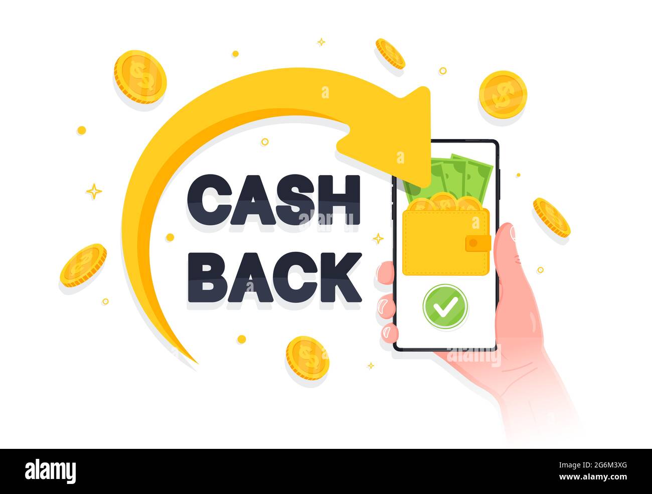 La freccia ha restituito monete d'oro e l'iscription di rimborso sullo schermo dello smartphone. Concetto di programma fedeltà di rimborso. Risparmio di denaro. Applicazione rimborso denaro. VEC Illustrazione Vettoriale