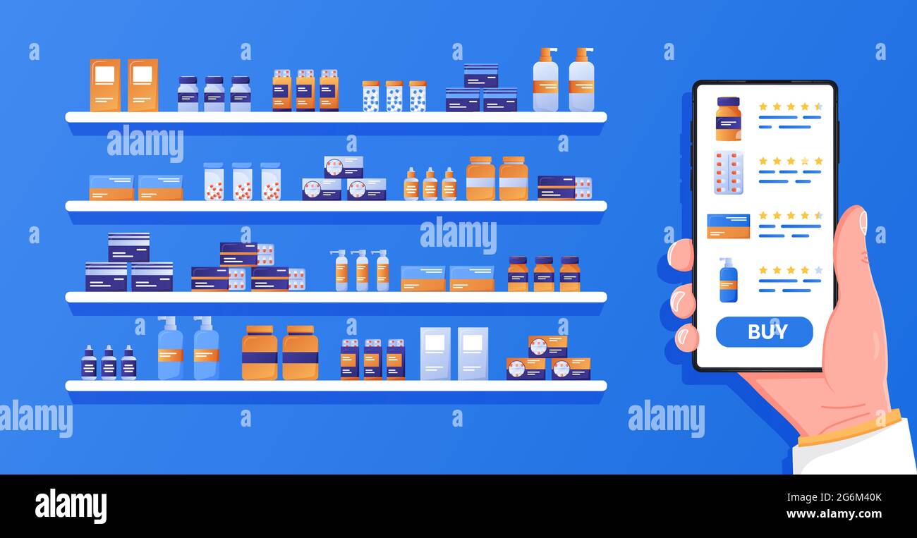 Applicazione di assistenza sanitaria su smartphone. Telefono mobile con mano con l'applicazione di acquisto di farmacia su Internet. Farmacia facciata negozio. Assistenza medica, aiuto, Illustrazione Vettoriale