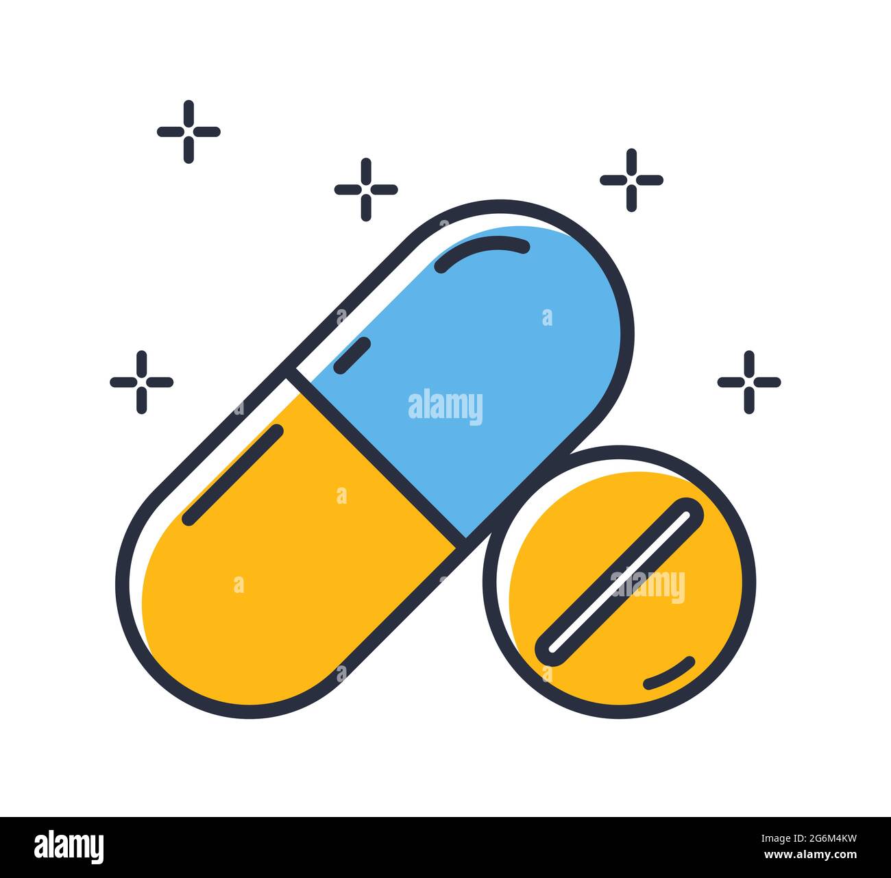 Icona della pillola antibiotica. Farmaci isolati su sfondo bianco. Elementi di design, colorati. Elemento per concetti mobili e applicazioni Web. Stile piatto vecto Illustrazione Vettoriale