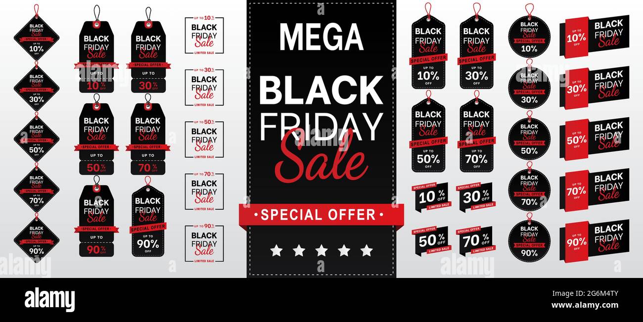 Poster di promozione Big Black Friday, 30%, 50%, 70%, 90% di sconto. Per la progettazione di modelli artistici, elenco, pagina, layout di brochure di stile, banner, idea, copertina, opuscolo, stampa, Illustrazione Vettoriale