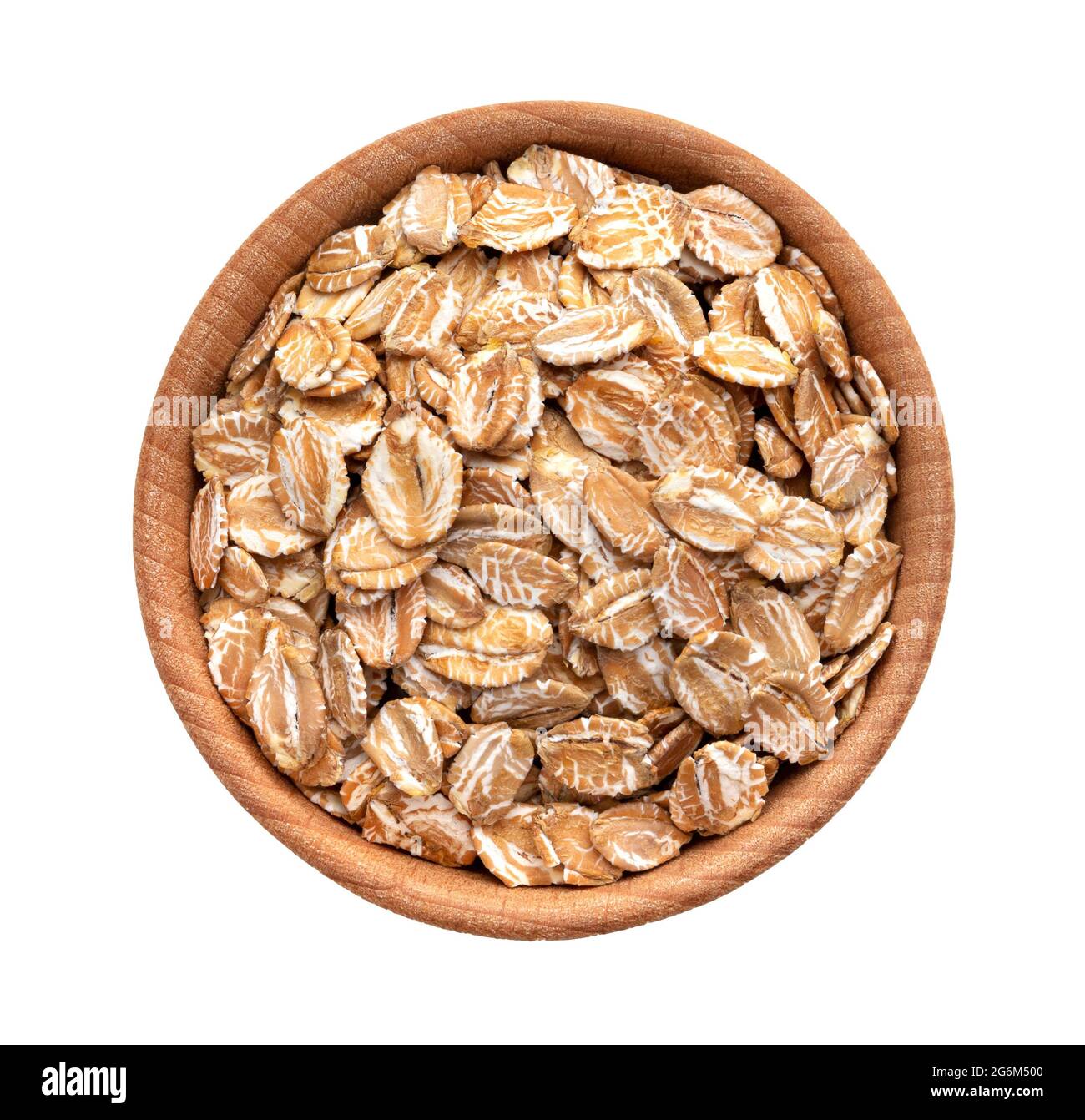 Fiocchi di avena isolati su sfondo bianco, vista dall'alto Foto Stock