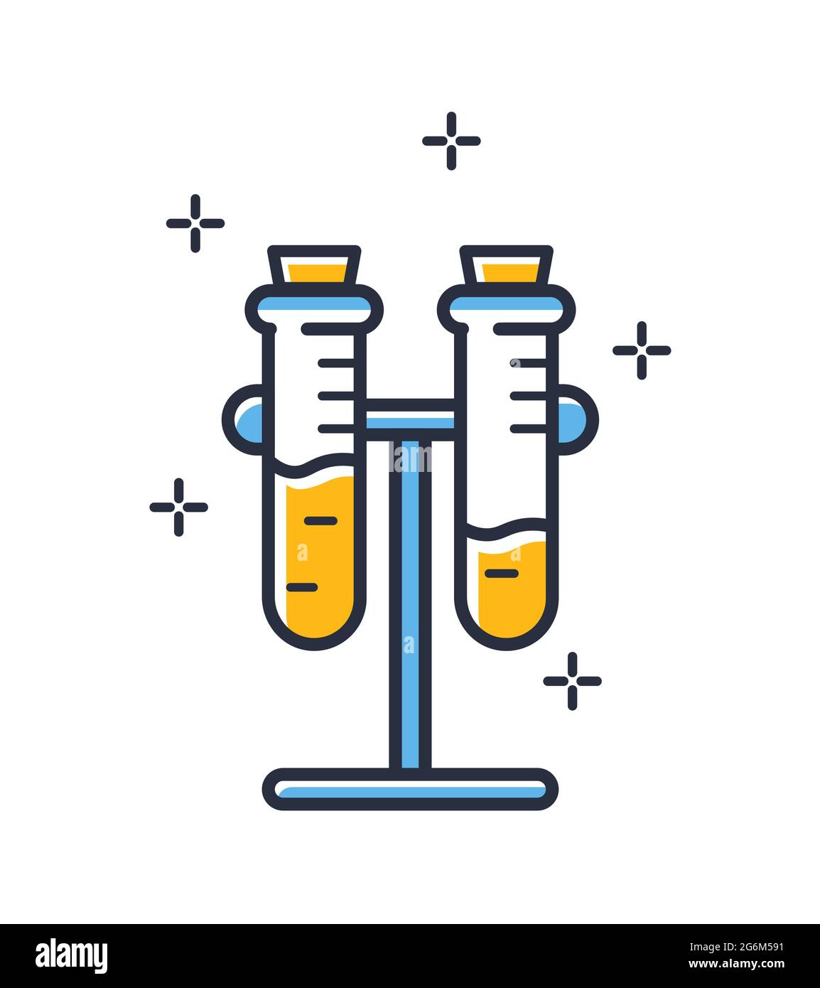 Due provette in vetro su un supporto. Сhemical su sfondo bianco. Elementi di design, colorati. Elemento per concetti mobili e applicazioni Web. Illustrazione Vettoriale