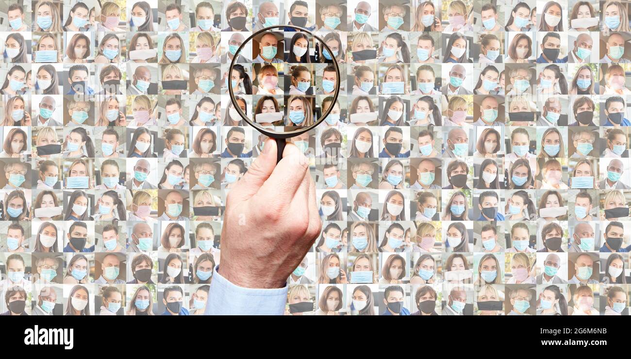 Panorama ritratto collage di persone con maschere facciali nella vita quotidiana durante Covid-19 Foto Stock