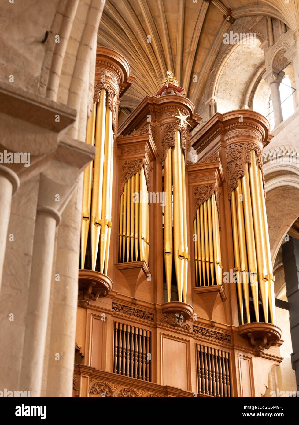 Organo presso la Cattedrale di Norwich, le cattedrali di Norwich sono uno dei più grandi organi a tubo in Inghilterra Foto Stock