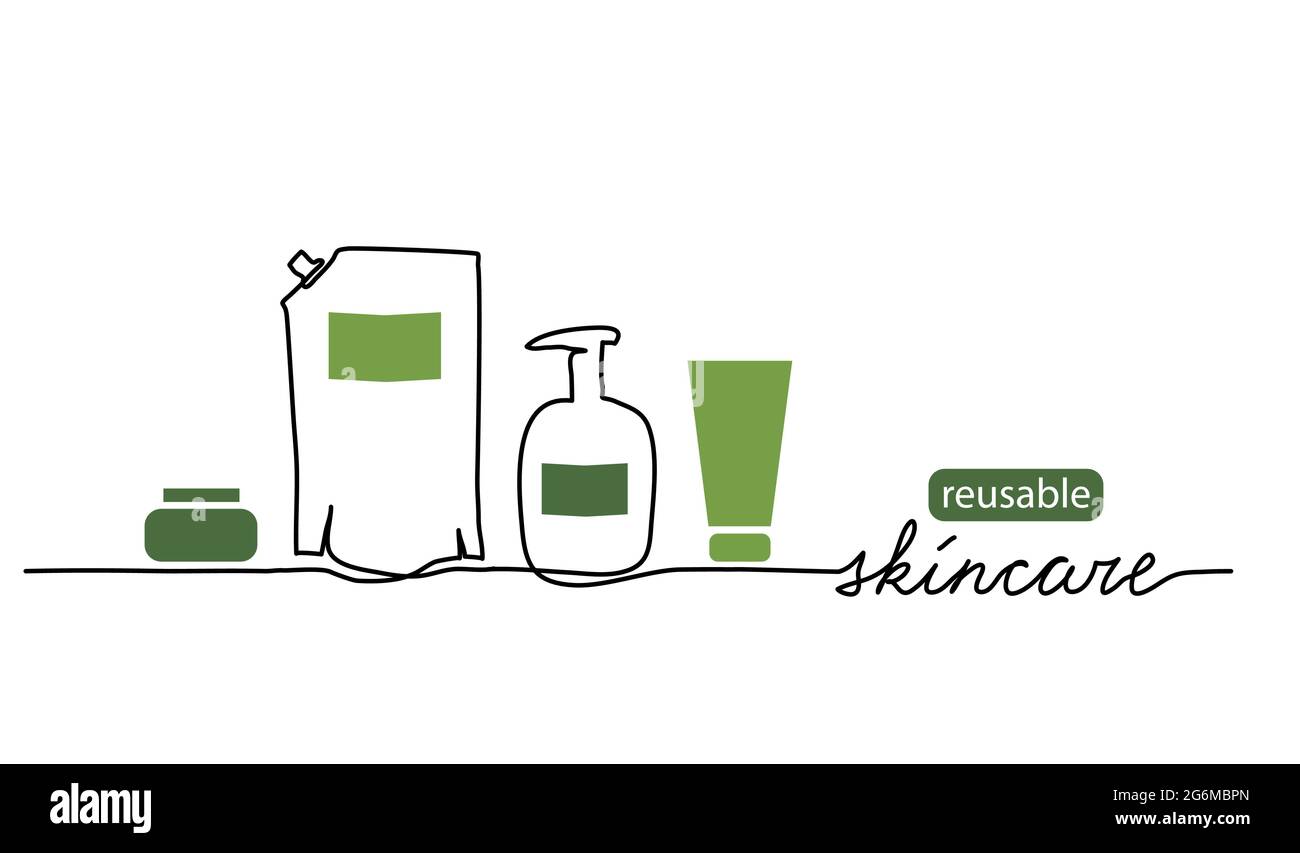 Illustrazione vettoriale dei cosmetici per la cura della pelle riutilizzabili e ecologici. Disegno a una linea con bottiglie, doypack e scritta riutilizzabile skincare Illustrazione Vettoriale