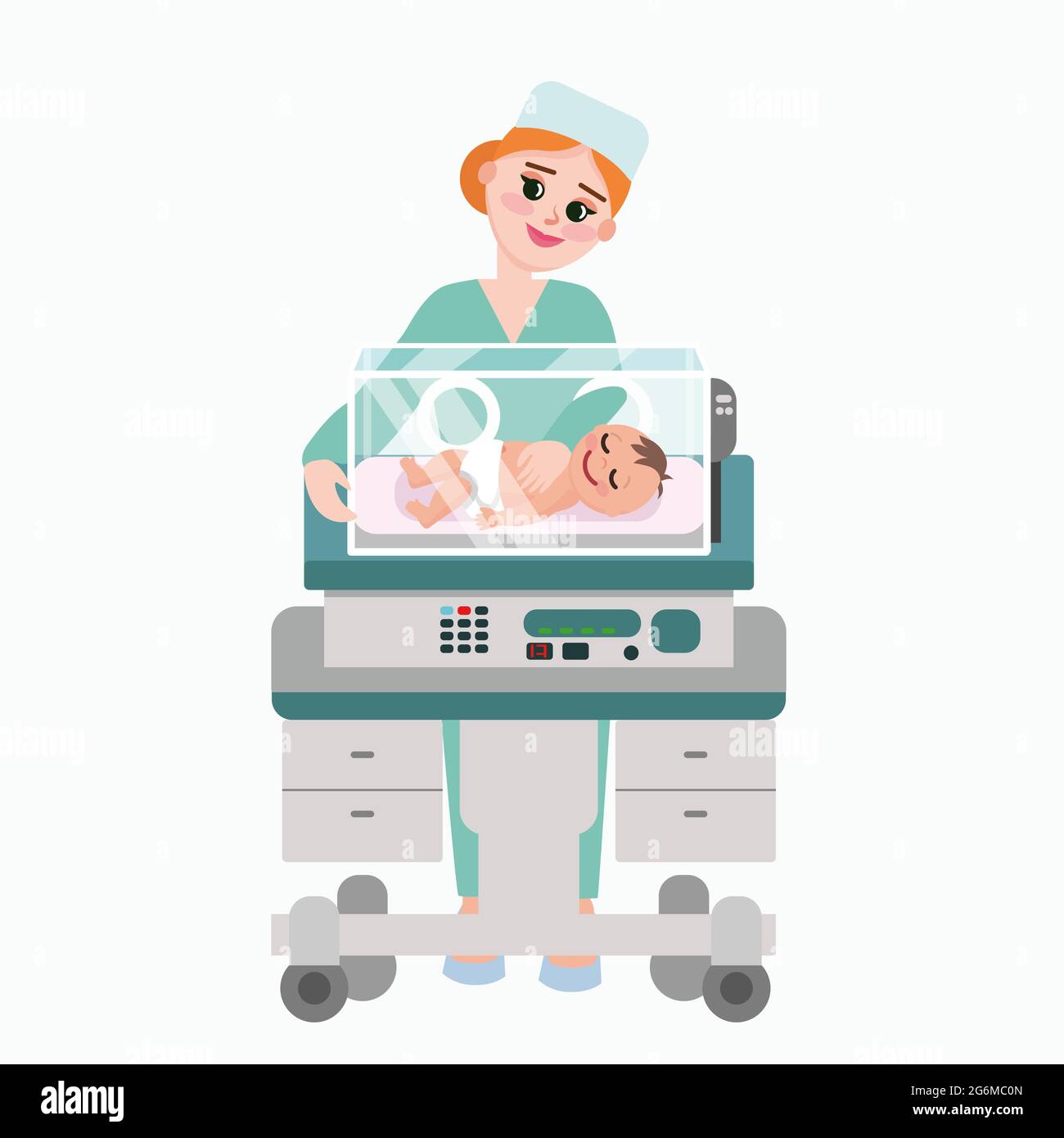 Illustrazione vettoriale del medico pediatra con il bambino. Infermiere che esamina il neonato all'interno della scatola dell'incubatore. Ambulatorio di cura del bambino in stile piatto. Illustrazione Vettoriale