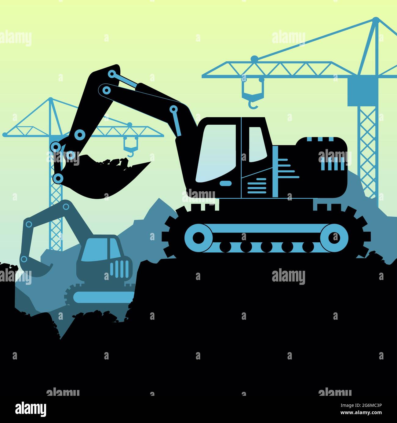 Immagine vettoriale di fondo del trattore con pala caricatrice che scava terra cantiere industriale in stile piatto. Illustrazione Vettoriale