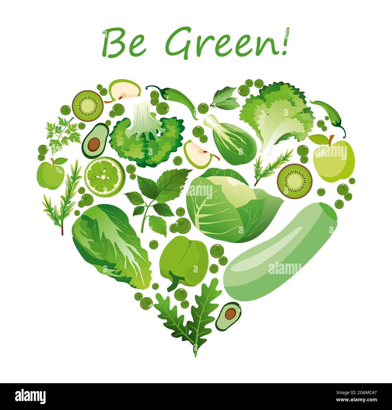 Illustrazione vettoriale forma del cuore di frutta e verdura verdi. Nutrizione sana concetto organico in stile piatto. Illustrazione Vettoriale