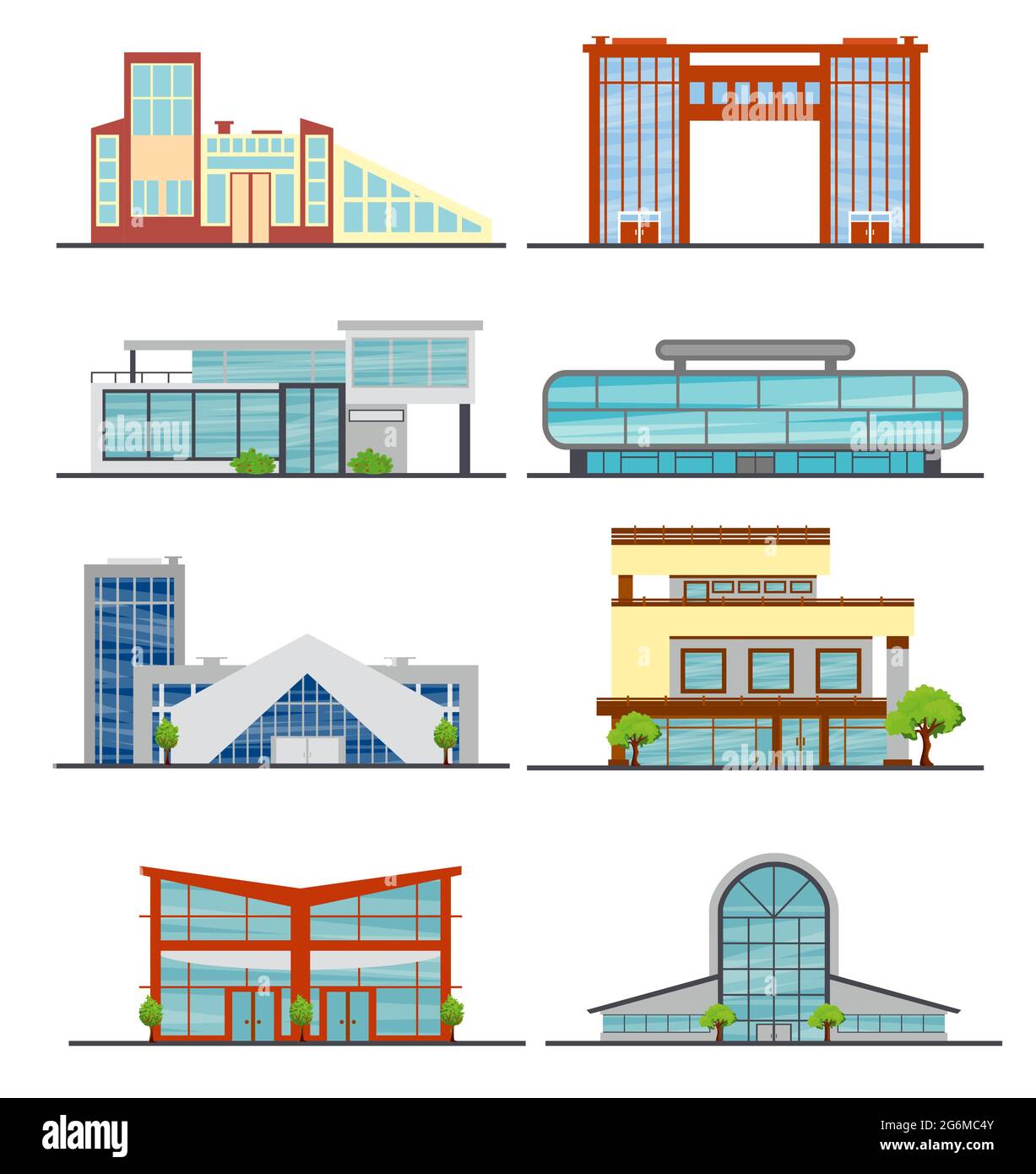 Illustrazione vettoriale di edifici moderni della città in stile piatto su sfondo bianco. Illustrazione Vettoriale