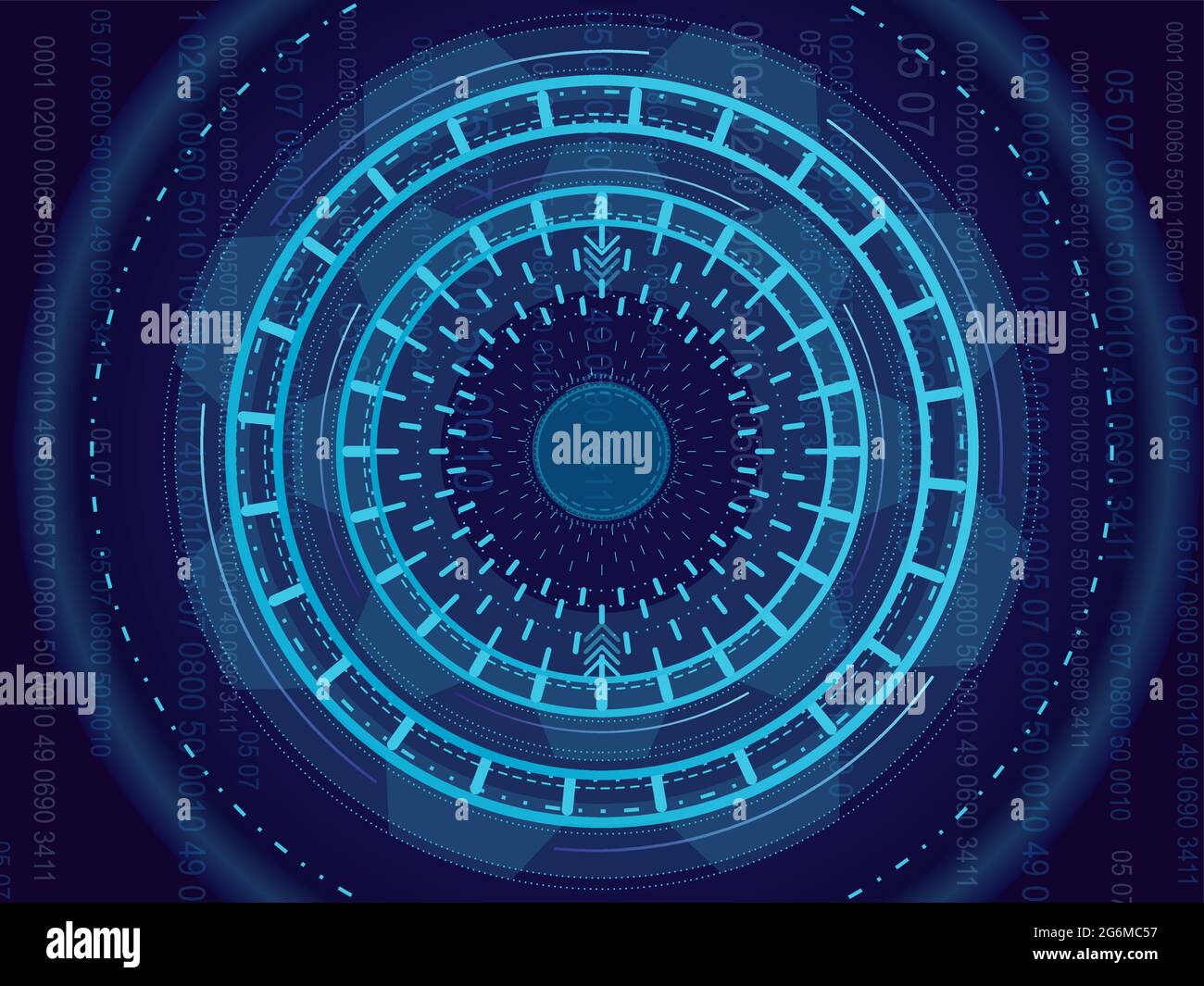 Illustrazione vettoriale del concetto astratto della tecnologia del cerchio luminoso. Scheda a circuito stampato, sfondo a colori del computer alto. Illustrazione Vettoriale