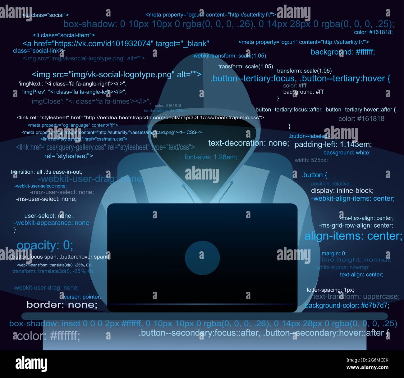 Illustrazione vettoriale di hacker con computer portatile, hacking di Internet su sfondo blu scuro, concetto di sicurezza del computer, spam e-mail con codici in piano Illustrazione Vettoriale