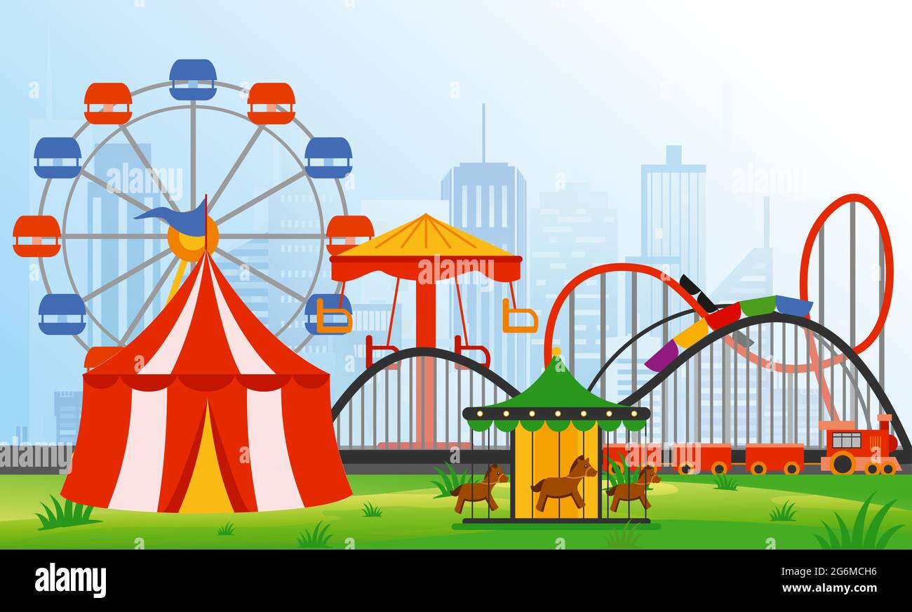 Illustrazione vettoriale elementi del parco divertimenti sullo sfondo della città moderna. Riposo familiare in parco Rides con ruota panoramica colorata, giostra, circo in piano Illustrazione Vettoriale