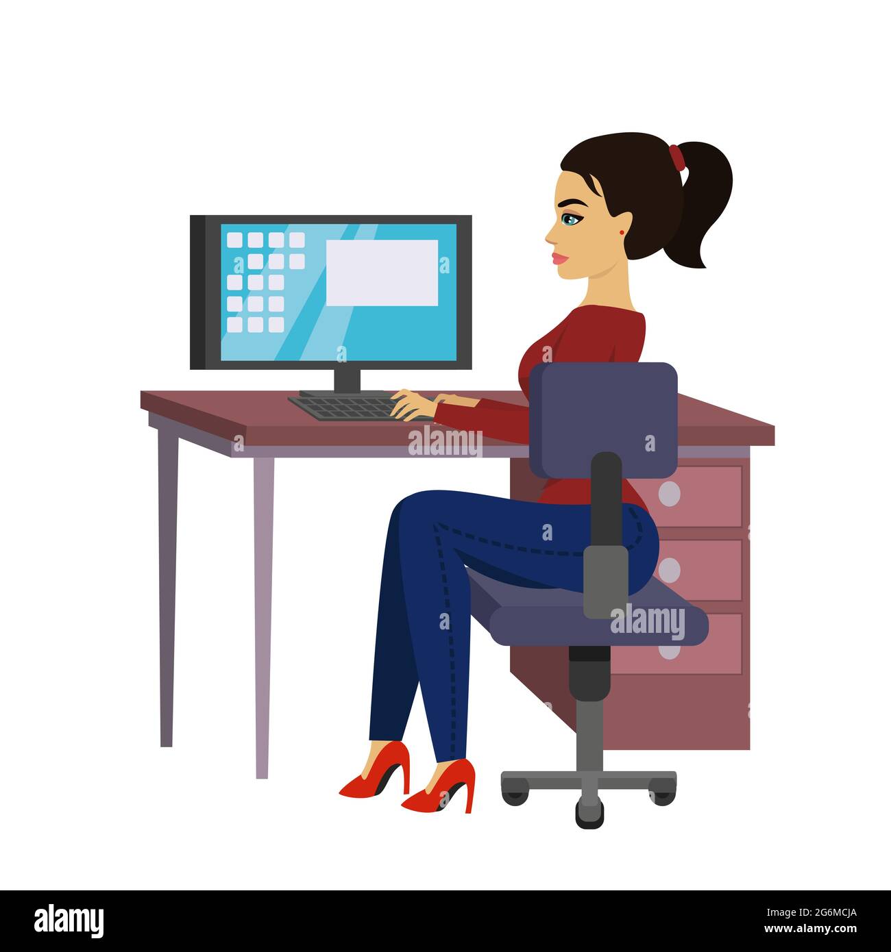 Immagine vettoriale bella donna d'affari alla scrivania sta lavorando sul computer portatile in stile piatto. Illustrazione Vettoriale