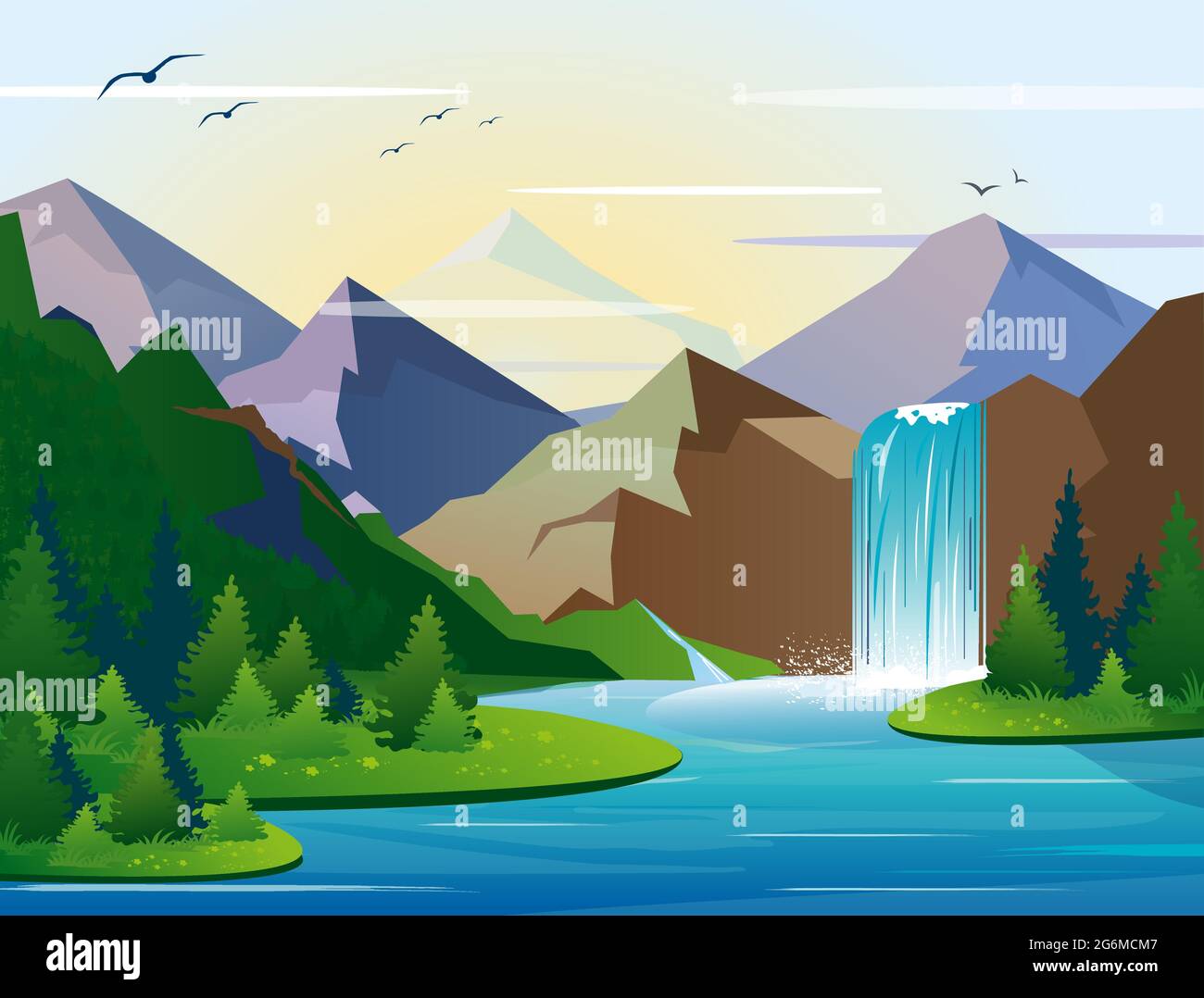 Immagine vettoriale di una bella cascata in montagna paesaggio con alberi, rocce e cielo. Legno verde con natura selvaggia, lago e cespuglio fogliame in Illustrazione Vettoriale