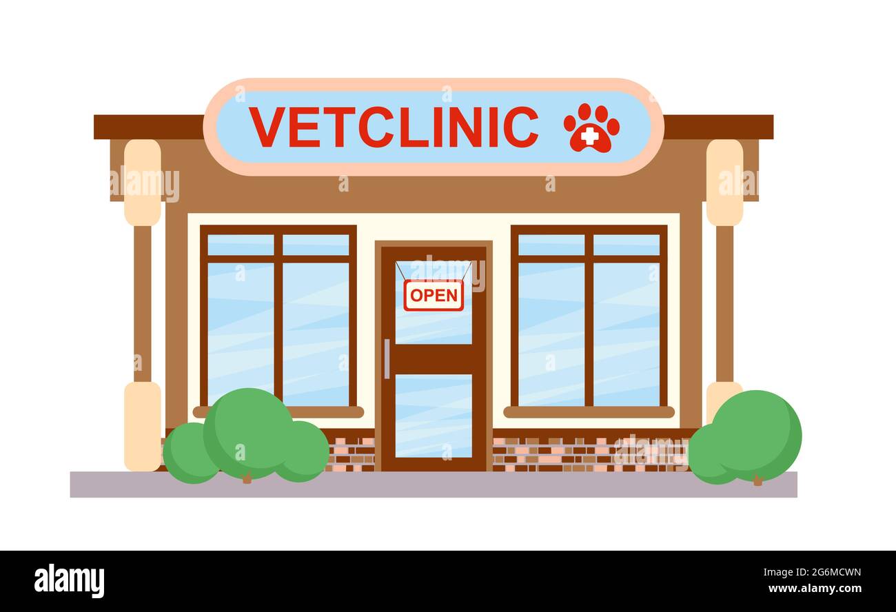 Illustrazione vettoriale di ospedale di medicina veterinaria, clinica o negozio di animali per animali in stile piatto. Illustrazione Vettoriale