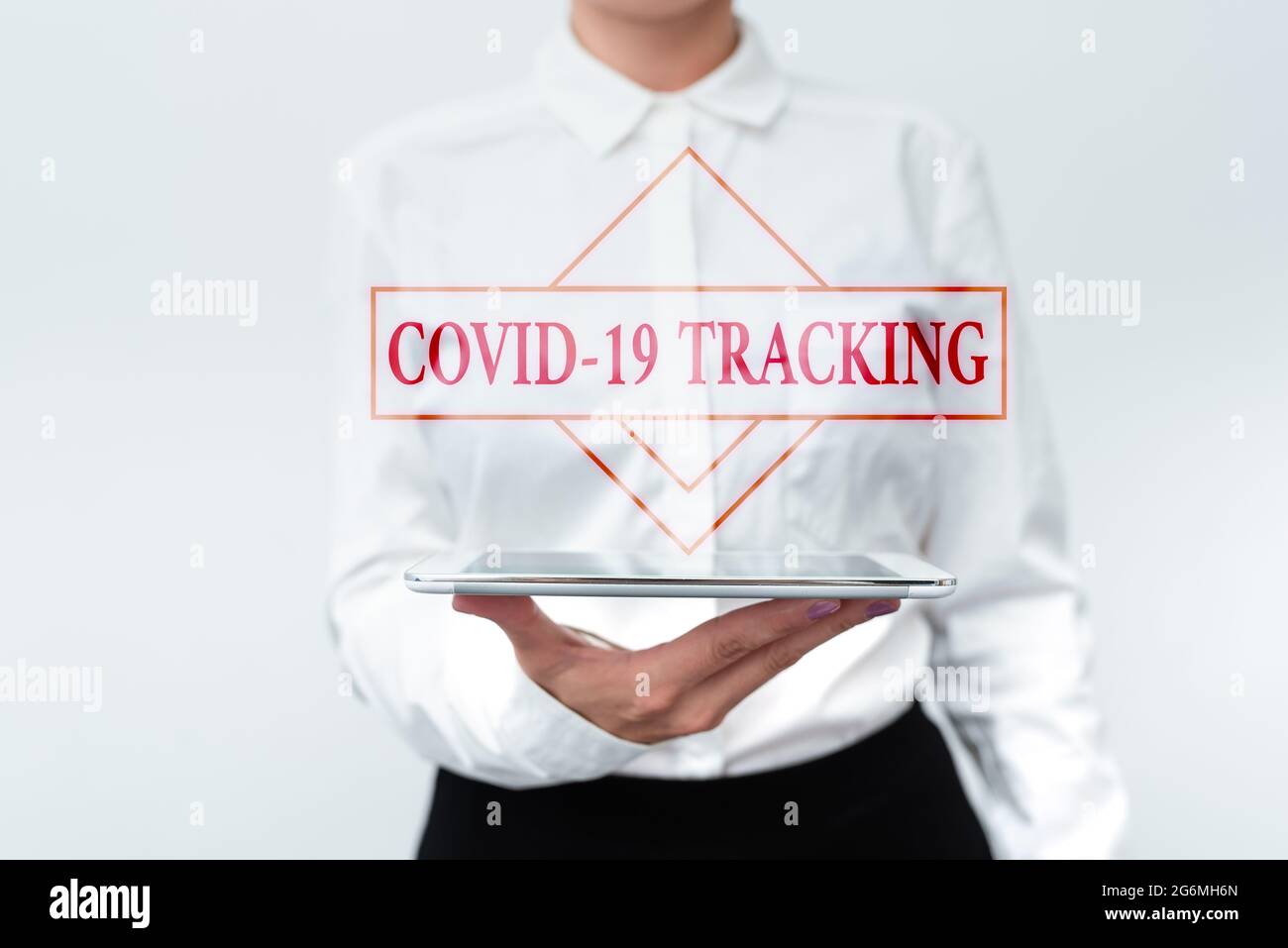 Scrittura visualizzazione testo Covid 19 Tracking. Panoramica aziendale processo distintivo dei possibili individui infetti che presentano la nuova tecnologia Foto Stock