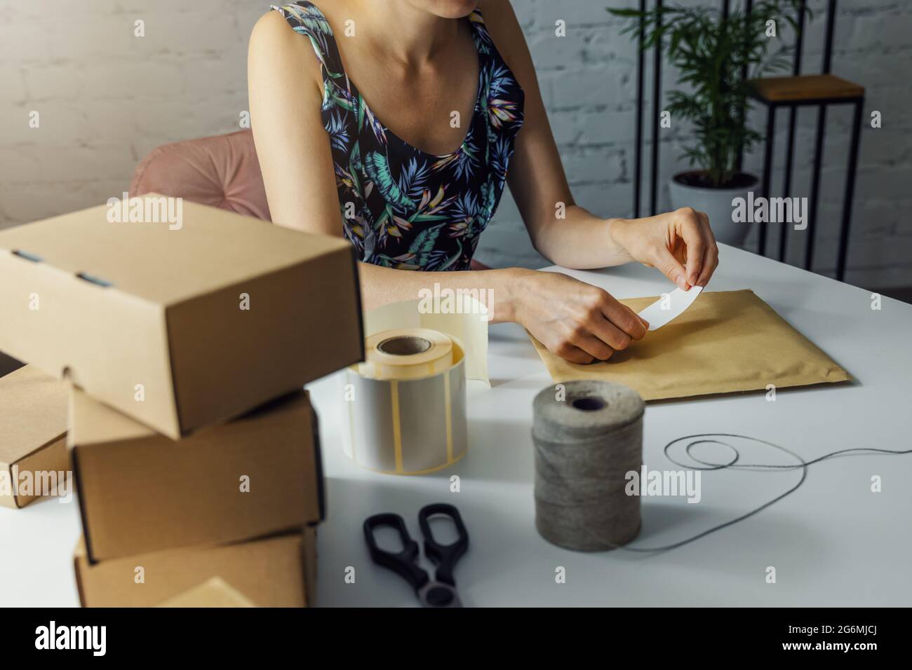 donna che prepara etichetta di spedizione del pacco a casa per la consegna dell'ordine. piccolo commercio in linea Foto Stock