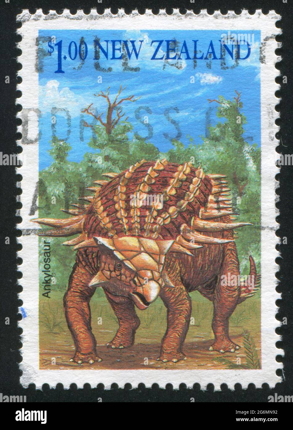 NUOVA ZELANDA - CIRCA 1993: Francobollo stampato dalla Nuova Zelanda, mostra ankylosaur, circa 1993 Foto Stock