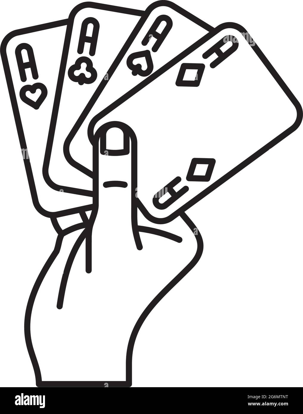 Mano che tiene quattro assi che giocano carte icona della linea vettoriale per il Card Playing Day il 28 dicembre Illustrazione Vettoriale