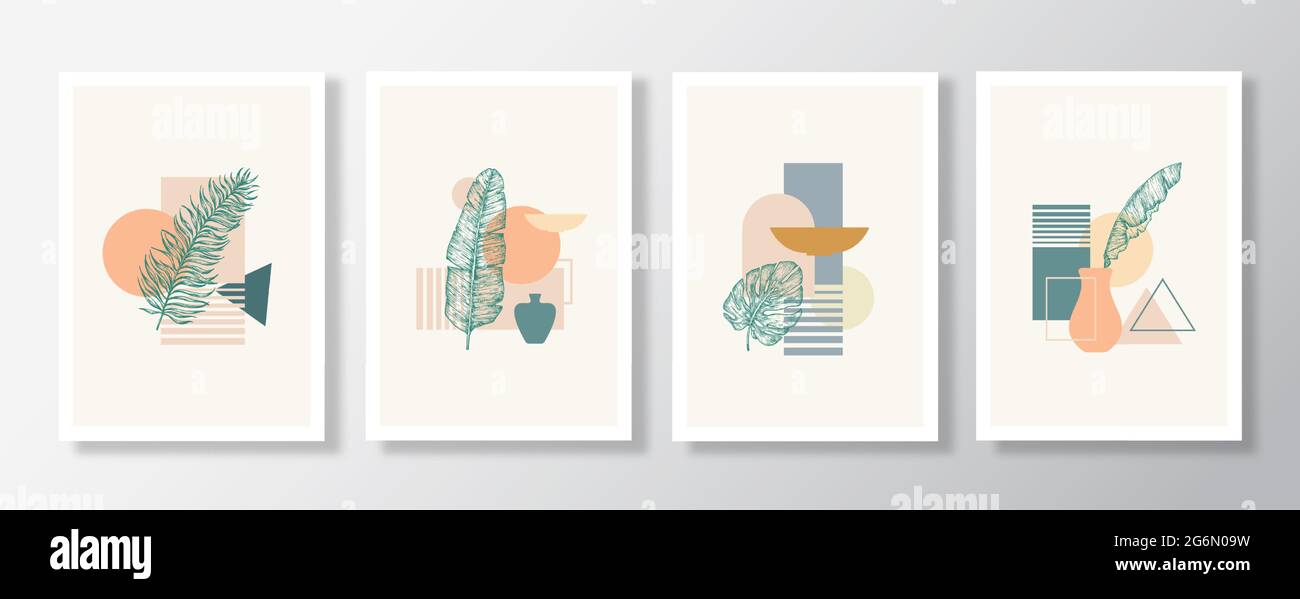 Poster delle foglie di palma disegnate a mano con illustrazioni di forme geometriche Collezione. Astratto vettore Botanico sfondo decorativo Wall Art Set Illustrazione Vettoriale