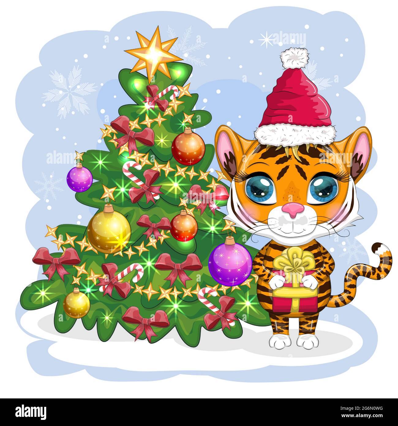 Tigre di cartoni animati con un cappello di santa che tiene un regalo dall'albero  di natale. Stile per bambini, dolcezza. Simbolo dell'anno 2022. Biglietto  d'auguri Immagine e Vettoriale - Alamy