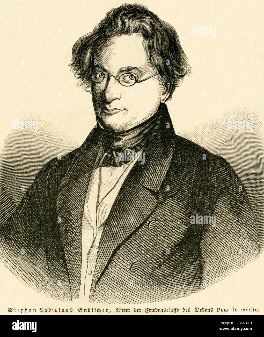 Europa, Österreich, Wien, Stephan Ladislaus Endlicher, Botaniker und Numismatiker, Holzstich aus: ' Illucrrte Zeitung ', Nr. 105, Seite 12, 1845 / Europe, Austria, Vienna, Stephan Ladislao Endlicher, botanico e numismatico, incisione del legno da: ' Illucrrte Zeitung ' (giornale ), Nr. 105, pag. 12, 1845 . Foto Stock