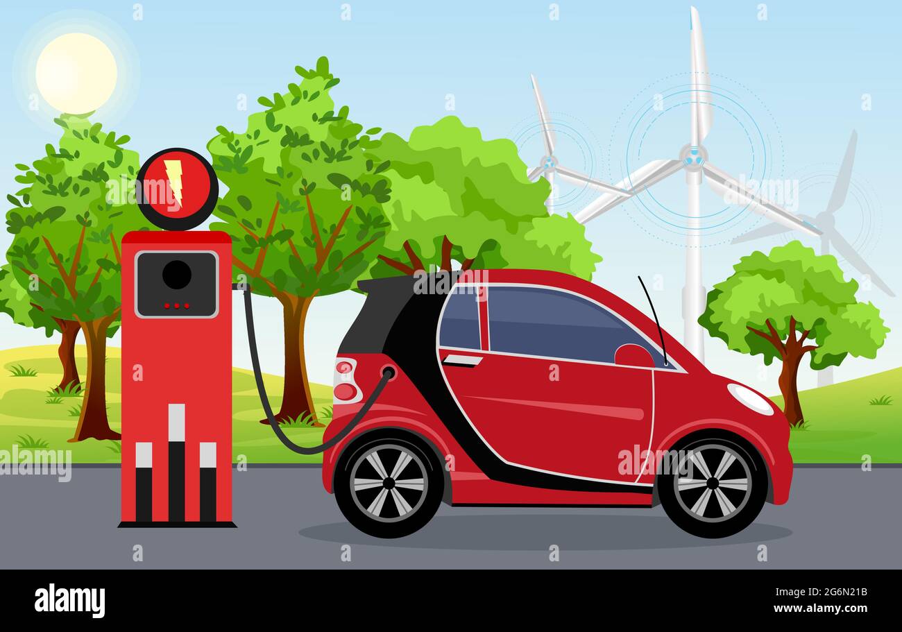Immagine vettoriale di auto elettrica di colore rosso sulla stazione di ricarica con mulini a vento, albero verde, sole, cielo blu sfondo. Vector Auto elettrica Illustrazione Vettoriale