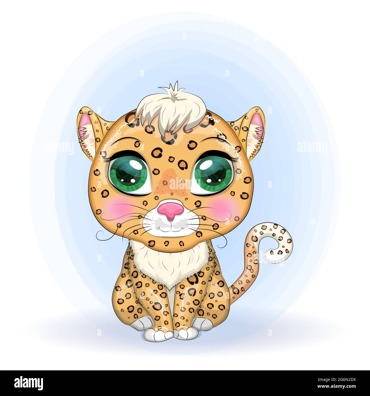 Leopardo con gli occhi belli in stile cartoon, illustrazione colorata per i bambini. Gatto leopardo con macchie e colori caratteristici Illustrazione Vettoriale