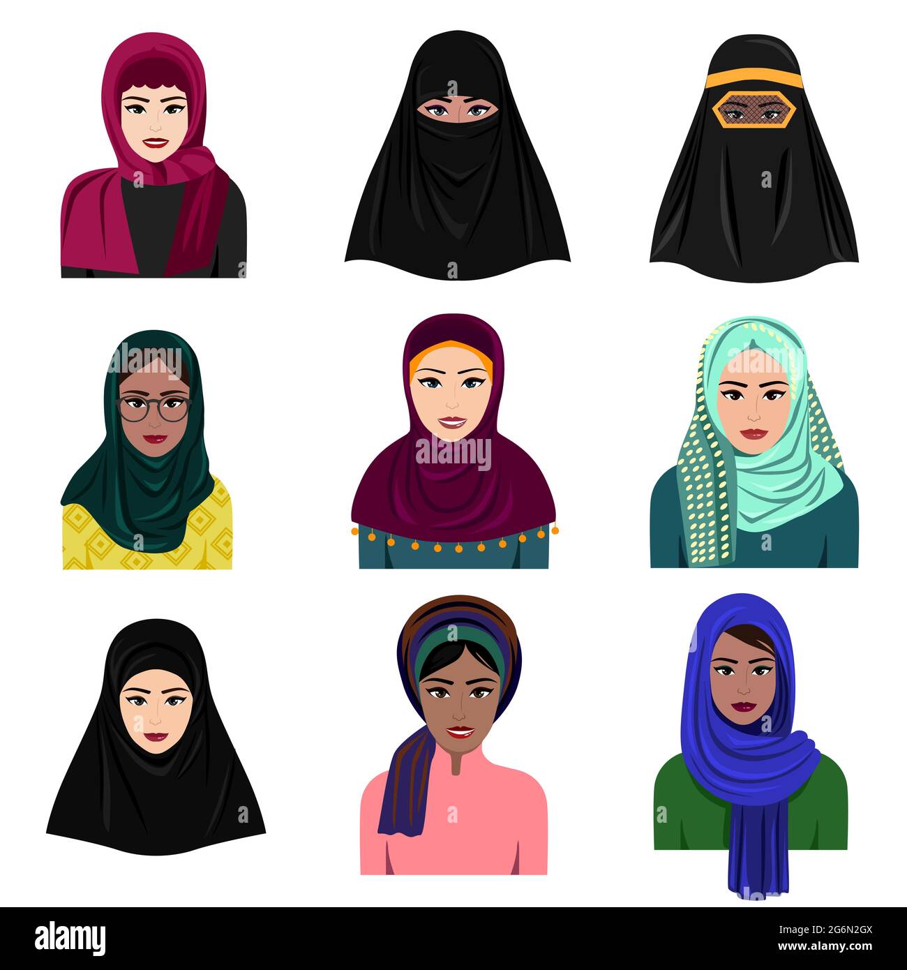 Illustrazione vettoriale di diverse donne musulmane in set di icone hijab. Islamiche arabe etniche saudite in abiti tradizionali in appartamento Illustrazione Vettoriale