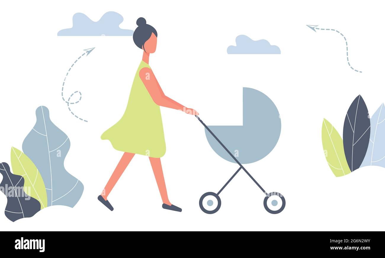 Madre felice in una passeggiata con neonato in passeggino. Donna che spinge il PRAM con il bambino nel parco. Mamma giovane con bambino in passeggino isolato su sfondo bianco Illustrazione Vettoriale