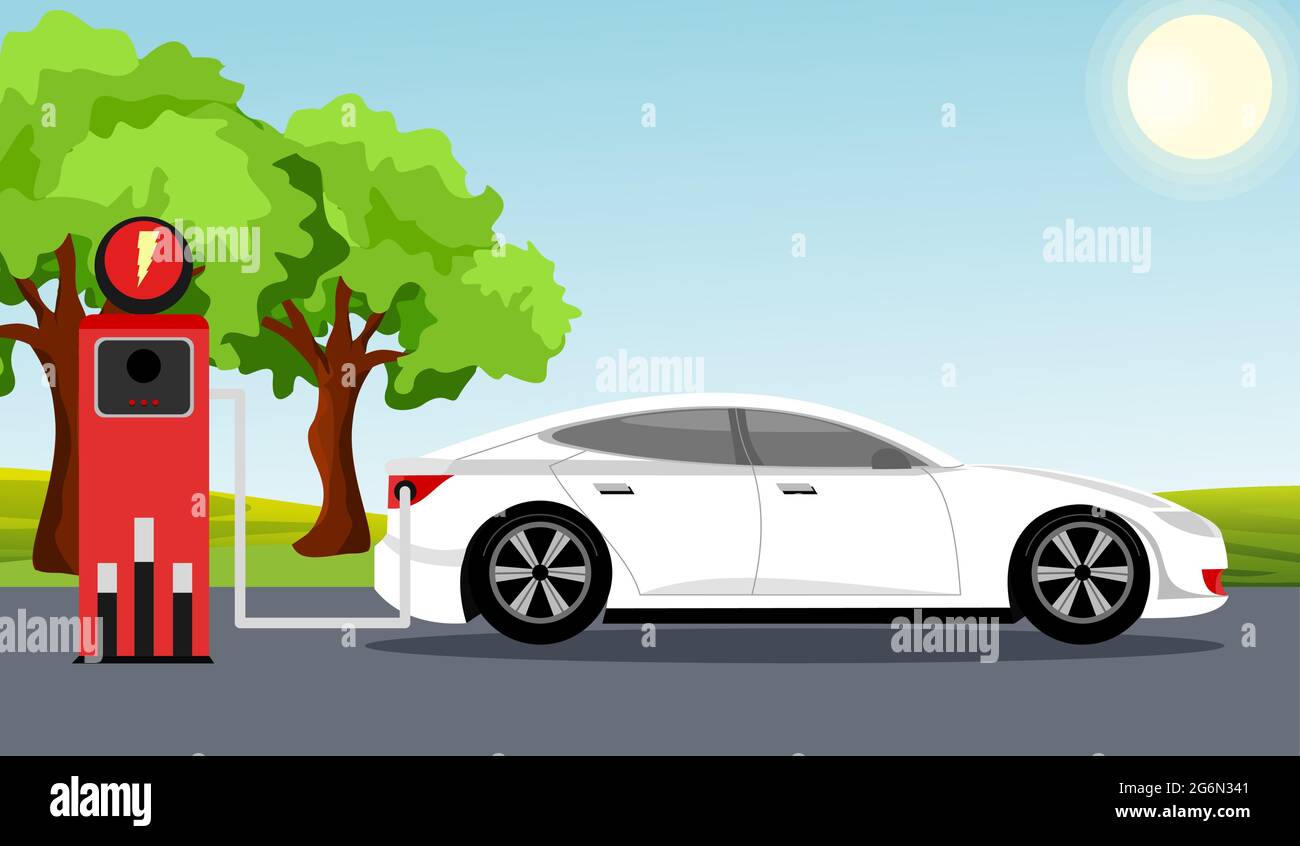 Concetto infografico piano per auto elettriche. Auto elettrica di colore bianco sulla stazione di ricarica, albero verde, sole, cielo blu background.Vector illustrazione in piano Illustrazione Vettoriale