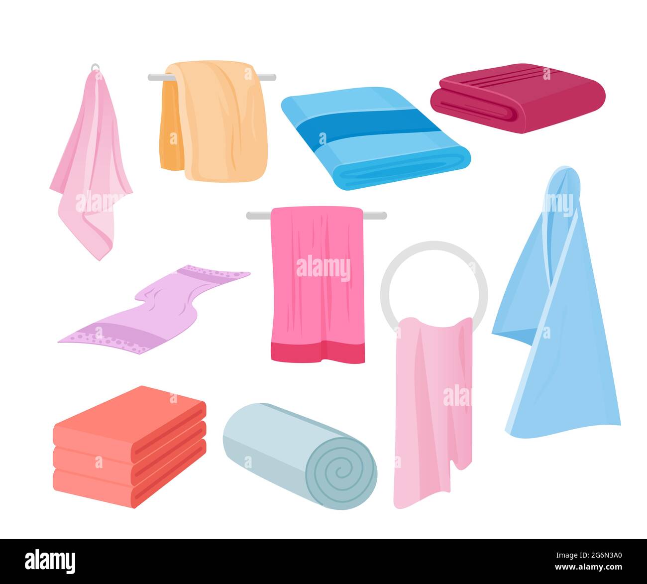 Illustrazione vettoriale del set vettoriale degli asciugamani. Asciugamani in tessuto per bagno, illustrazione di tovaglioli in cartoni animati in stile piatto. Illustrazione Vettoriale