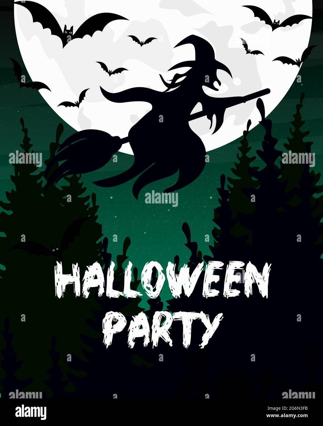 Illustrazione vettoriale invito o biglietto di auguri per la festa di Halloween. La silhouette delle streghe, il bastone, il pipistrello e la luna sono sfondo di cielo scuro. Illustrazione Vettoriale