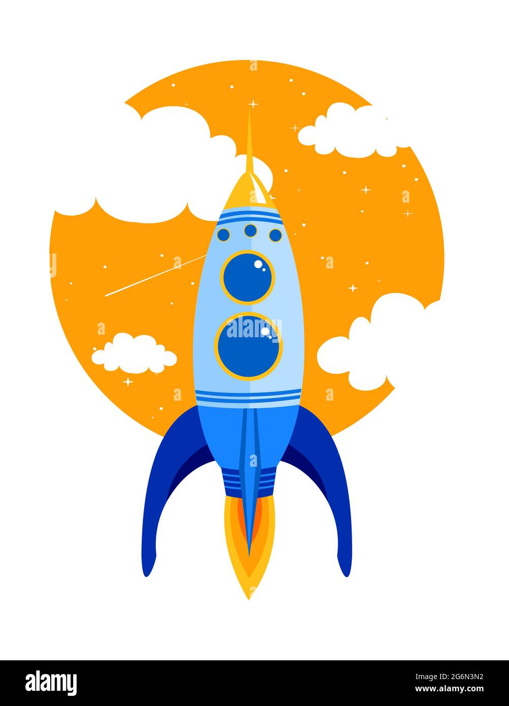 Illustrazione vettoriale di Rocket rapido vola in cielo tra le nuvole. Avviare il concetto di business in stile piatto. Illustrazione Vettoriale