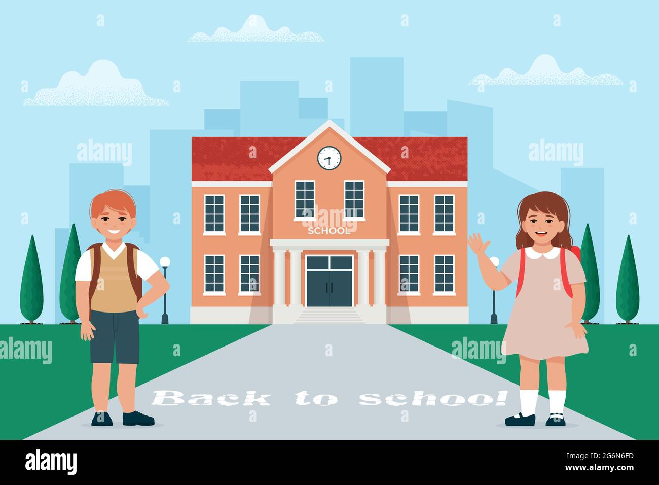 Allievo ragazza e ragazzo con borse da scuola vicino alla scuola, bambini felici. Concetto di ritorno a scuola. Illustrazione vettoriale in stile piatto Illustrazione Vettoriale
