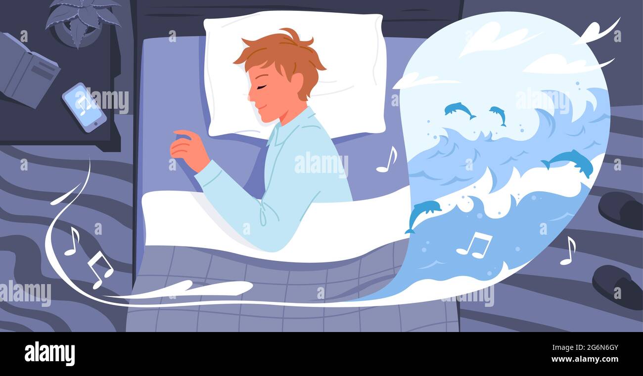 Personaggio di Cartoon sonnolento ragazzo in pigiama sdraiato sul letto cuscino in camera da letto, dormire meglio a buon sottofondo musicale. Sonno sano di notte, giovane Illustrazione Vettoriale
