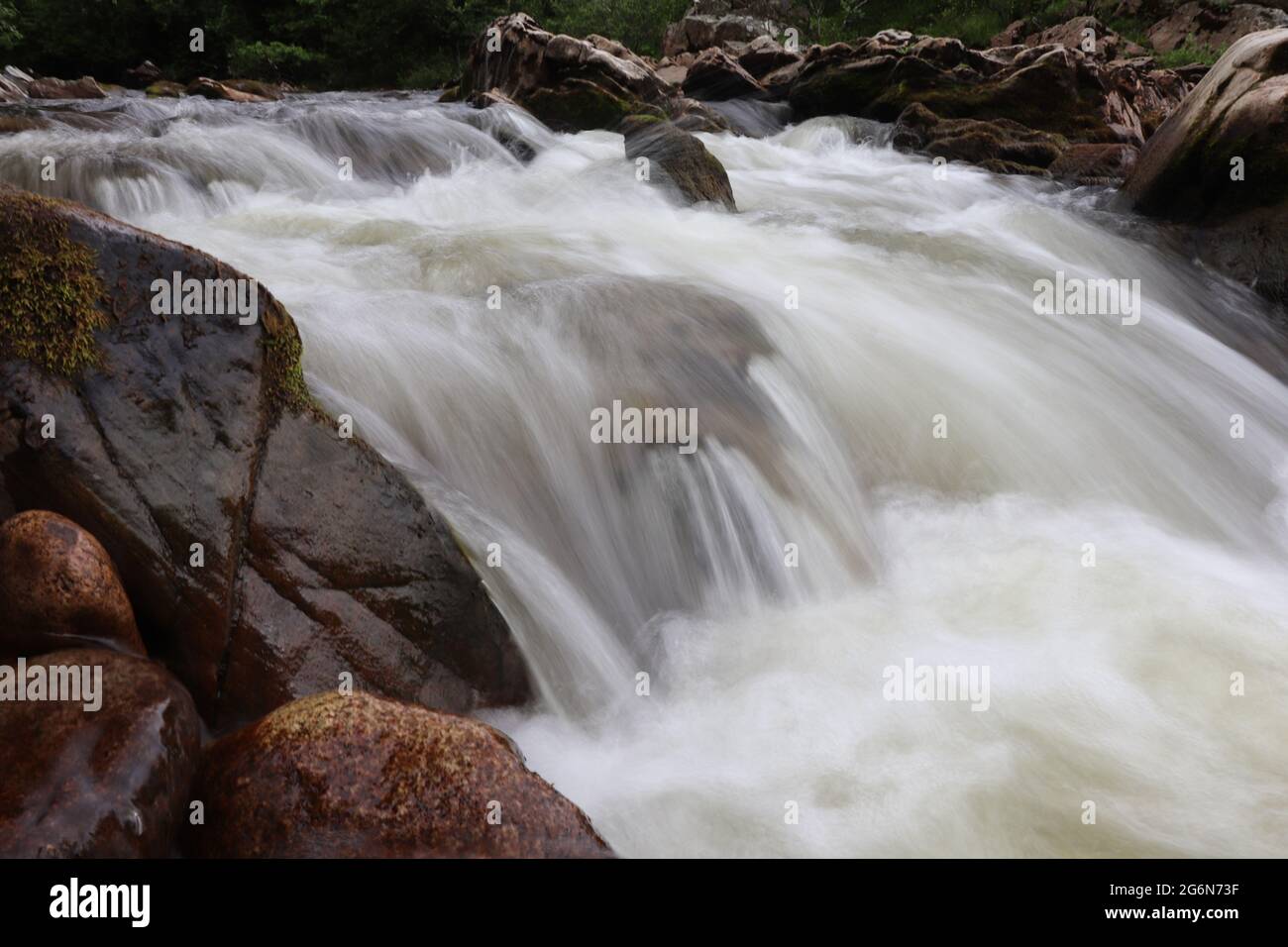 Sfocatura intenzionale del movimento nel fiume di montagna Foto Stock