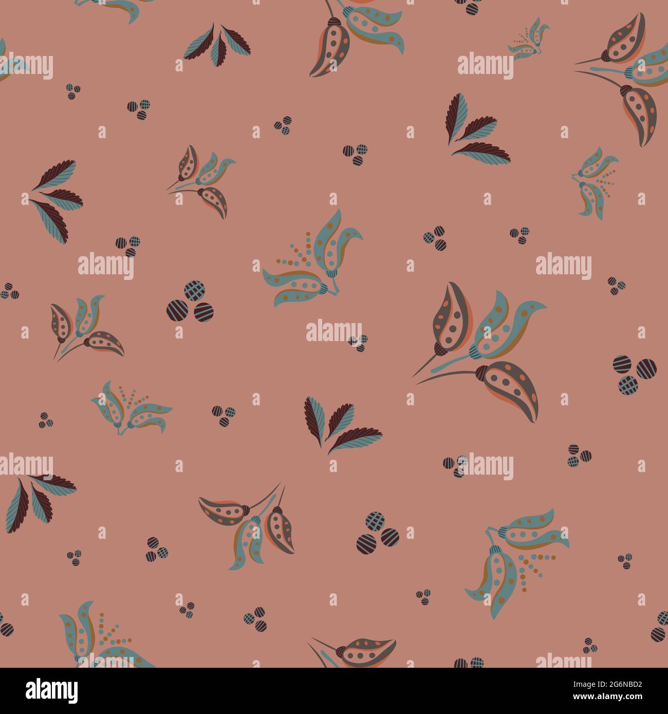 Tulipano stilizzato astratto e sfondo senza giunture vettoriali a foglia. Moderno sfondo in teal rosa scuro con bouquet di paia di tulipani disegnati a mano Illustrazione Vettoriale