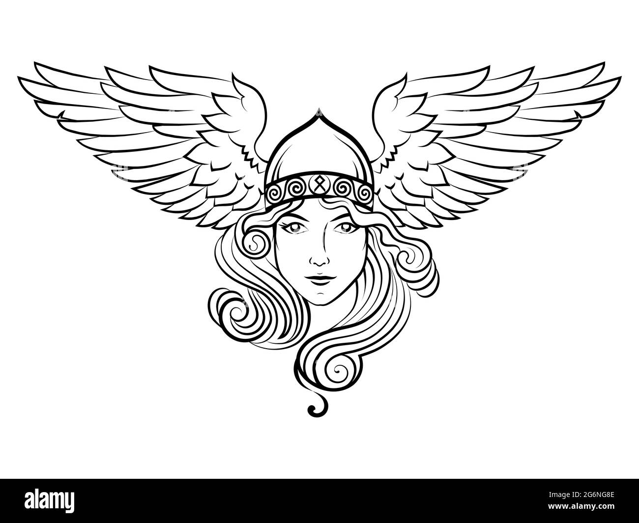 Viking, design scandinavo. Valkyrie in un casco alato. Immagine di Valkyrie, una donna guerriera della mitologia scandinava Illustrazione Vettoriale